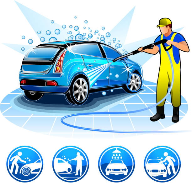 guy washing car Brands battle and a set of icons for service centers.